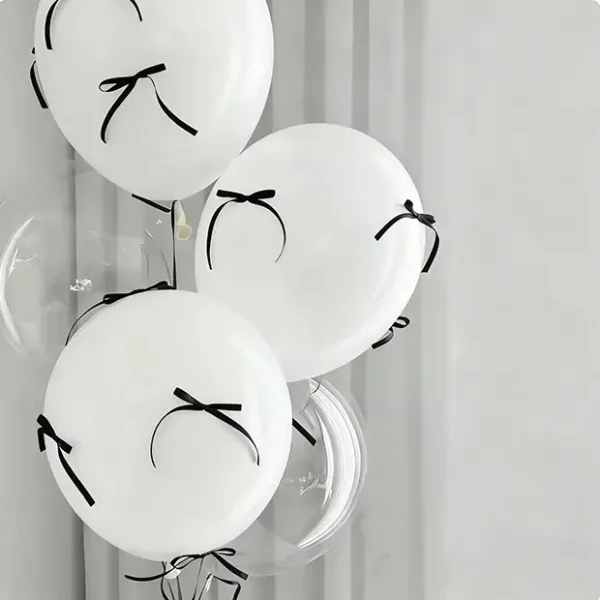Bulk 10-Set White Party Balloons with Black Ribbon Bows – Event & Wedding Decor