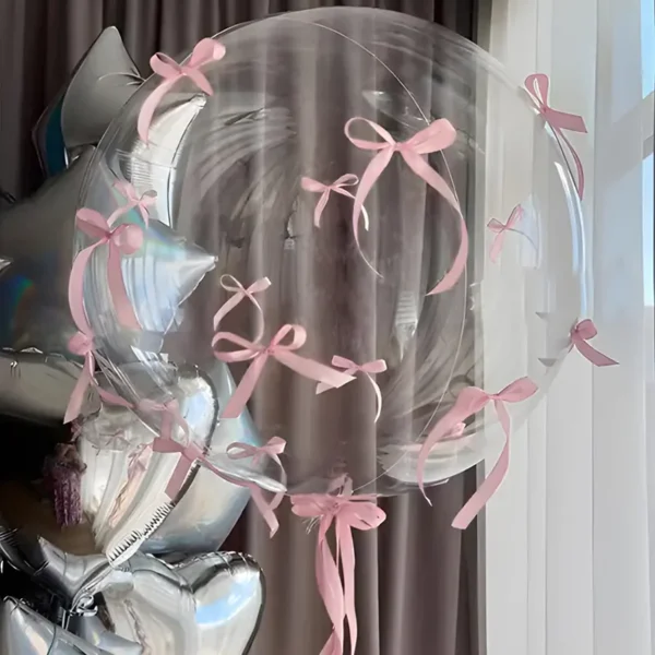 Bulk 10-Set Clear Bobo Balloons with Pink Mini Ribbon Bows – Party & Wedding Deco