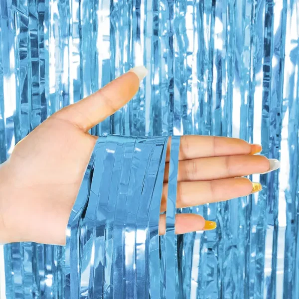 Metallic Light Blue Fringe Curtain Backdrop for Party Decoration – Wholesale Foil Tinsel Photo Booth Curtain