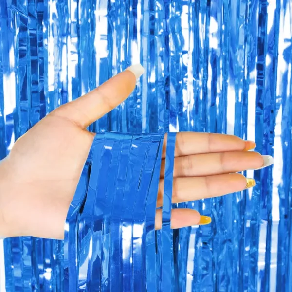 Metallic Blue Fringe Curtain Backdrop for Party Decoration – Wholesale Foil Tinsel Photo Booth Curtain